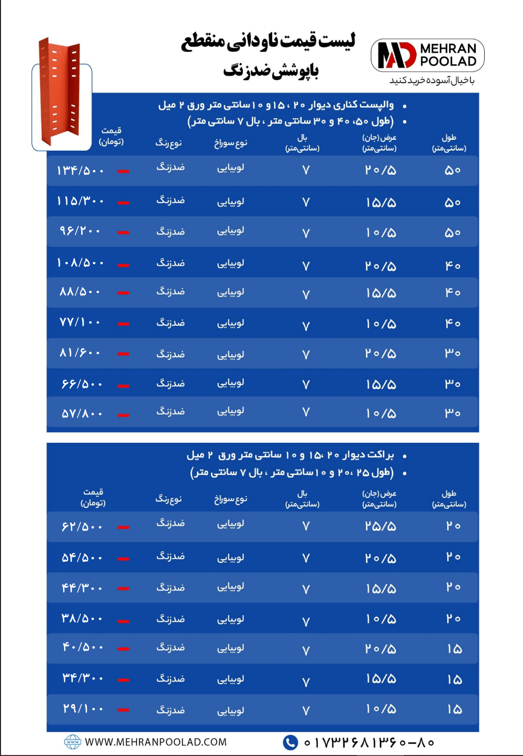 لیست قیمت ناودانی منقطع ضد زنگ